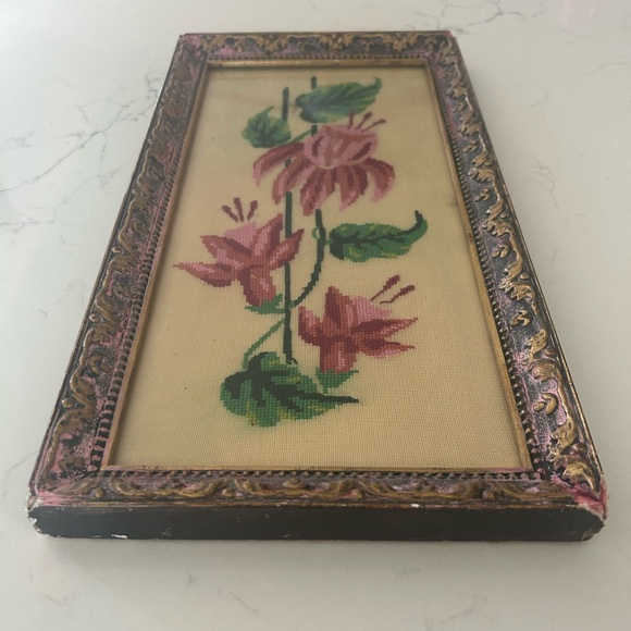 VTG Cross Stitch Floral Needlepoint Wall Art - Pink & Green Fuchsia Design - Picture 9 of 10